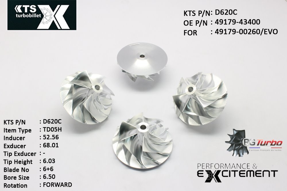 Turbo ROUE FORGÉE MFS PERFORMANCE - 6+6 PALES - INDUCER : 52,56 - EXDUCER : 68,01 - TYPE : TD05HANGLE : 40° - ROTATION : Forward - SUPER BACK : 2,9 - BORE SIZE : 6,5
